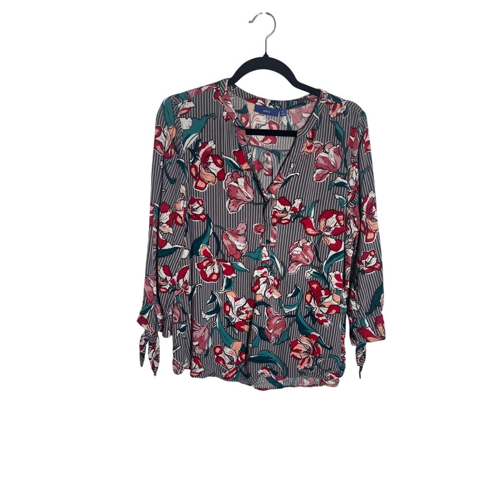 APT 9 Womens XL Striped Floral Print Split Neck Tie Sleeve Blouse Top